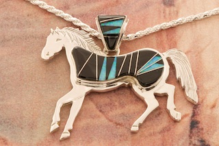 Calvin Begay Sterling Acoma Jet Sterling Silver Horse Pendant